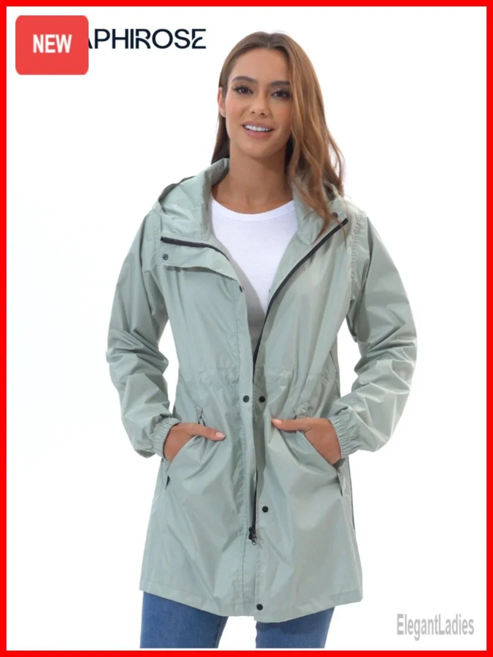 Lightweight Packable Long Rain Jacket Hooded Waterproof Trench Coat Outdoor